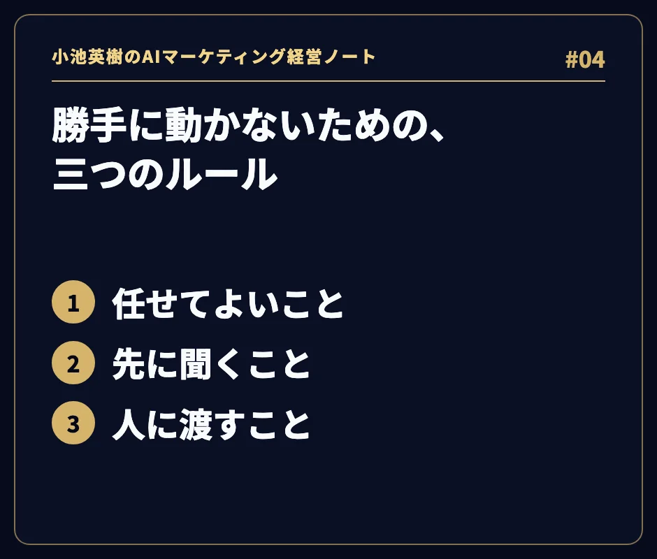 「勝手に動かないための、三つのルール」。1 任せてよいこと、2 先に聞くこと、3 人に渡すこと。