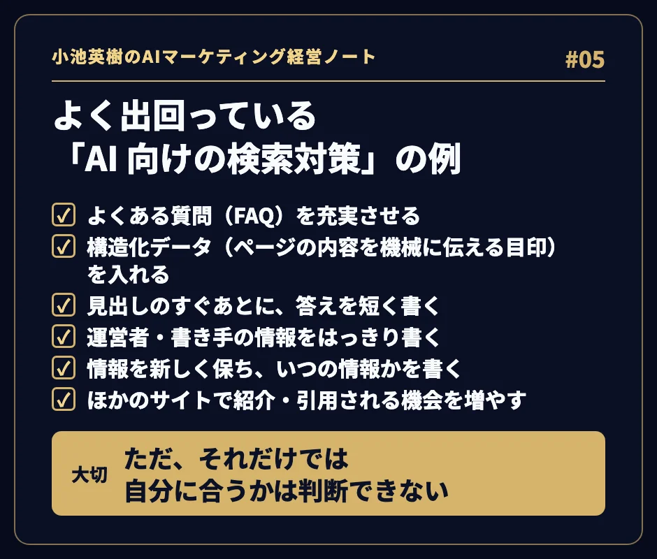 「よく出回っている『AI 向けの検索対策』の例」。よくある質問（FAQ）を充実させる、構造化データ（ページの内容を機械に伝える目印）を入れる、見出しのすぐあとに答えを短く書く、運営者・書き手の情報をはっきり書く、情報を新しく保ち、いつの情報かを書く、ほかのサイトで紹介・引用される機会を増やす。大切：ただ、それだけでは自分に合うかは判断できない。