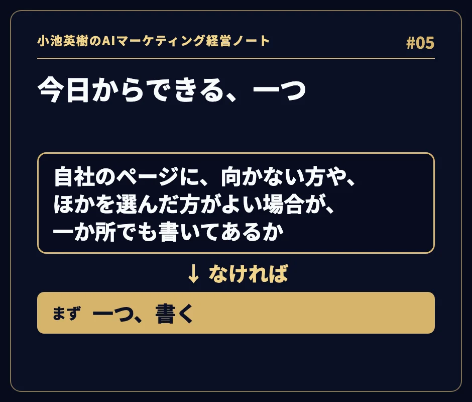 「今日からできる、一つ」。自社のページに、向かない方や、ほかを選んだ方がよい場合が、一か所でも書いてあるか。↓ なければ、まず一つ、書く。